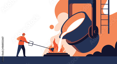 Foundry worker carefully manages the intense heat of molten metal as it is poured from a large overhead crucible into a processing station.