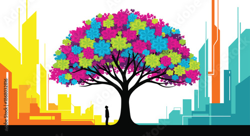 A person stands beneath a large, colorful tree, symbolizing growth and harmony amidst two contrasting urban landscapes.
