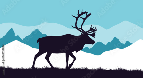 A majestic reindeer with large antlers walks across a snowy landscape, silhouetted against a serene mountainous winter backdrop.