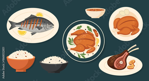 A delicious assortment of various cooked meals, including roasted fish, chicken, lamb chops, rice bowls, and soup, on a dark background.