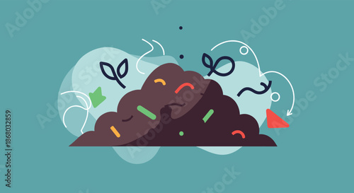 Stylized illustration of a compost pile with organic waste transforming into rich soil, featuring abstract plant sprouts and recycling elements.