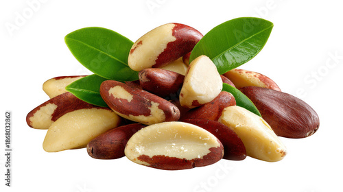 Fresh brazil nuts with leaves on white background isolated on transparent background