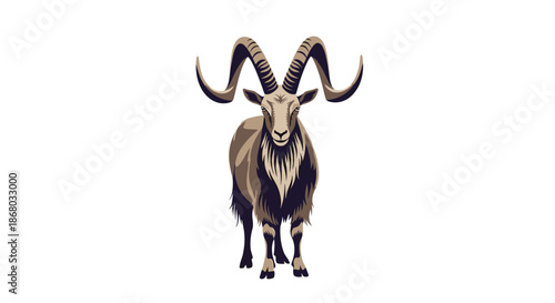 A majestic wild ram with impressive large, curved horns and a prominent beard stands facing forward, depicted in an illustrative style.