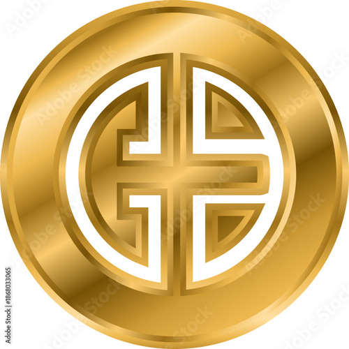 Imlek, A detailed gold coin featuring a stylized logo, suitable for branding, finance, or luxury product promotions.