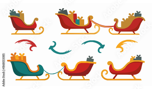 Playful cartoon sleigh vector illustration set for festive holiday web design