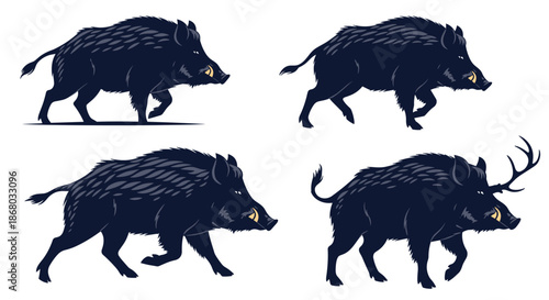 A collection of four stylized wild boar illustrations, featuring various active poses and one distinct boar with deer-like antlers.