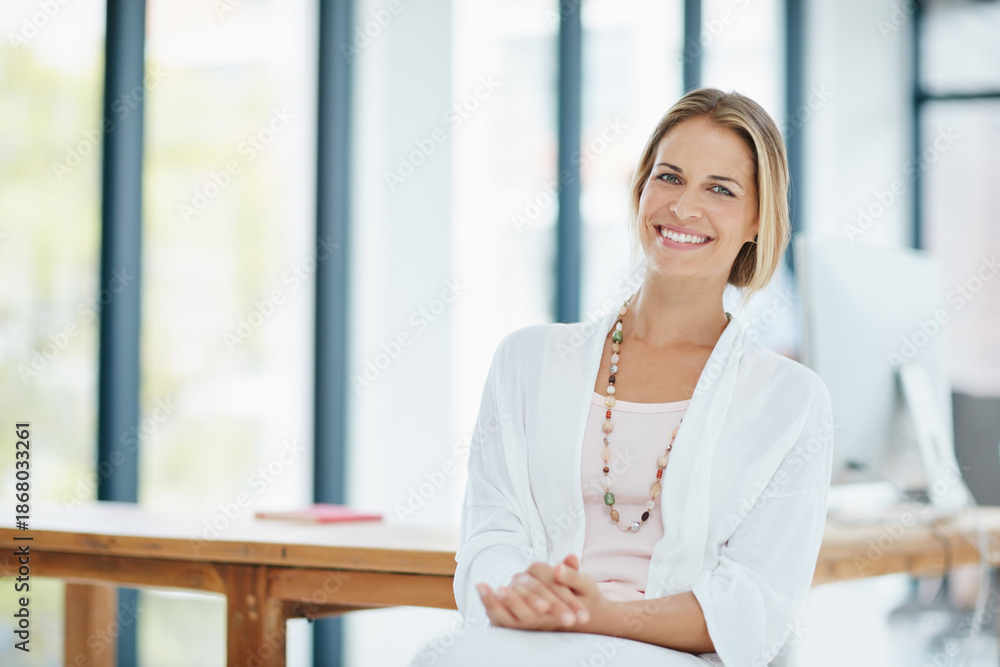 Obraz premium Employee, portrait and woman with smile, office and journalist with ambition for career development. Happy, reporter and person with creative opportunity in newsroom, excited and confident in Canada