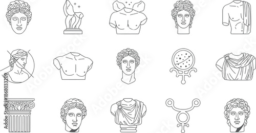 Ancient Greek Sculpture and Symbols Line Art Icons Keywords: greek sculpture, ancient art, bust, statue, column, laurel wreath, amphora, helmet