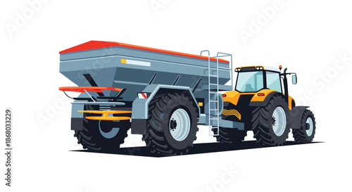 A modern yellow and grey agricultural tractor with a large fertilizer spreader trailer attached, ready for farm work.
