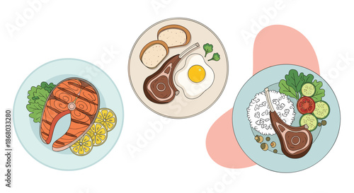 An inviting illustration of three diverse gourmet meals featuring grilled salmon steak, lamb chops, fried eggs, rice, bread, and fresh side salads on plates.