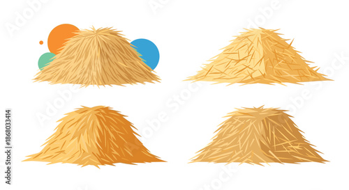 Illustrated collection of four various haystacks, depicting rustic farm elements and harvested dry grass or straw for agriculture.