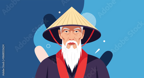 Portrait of a wise-looking elderly Asian man wearing a conical straw hat and traditional clothing, depicted in a modern flat design illustration.