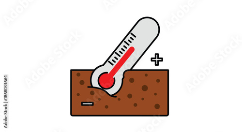 A cartoon thermometer showing a high reading inserted into brown soil, with plus and minus symbols, illustrating soil temperature measurement and conditions.