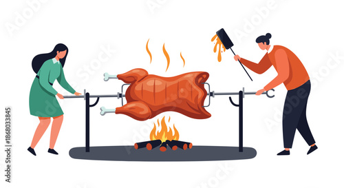 A man and woman work together to roast a large turkey over an open fire on a rotisserie, preparing a delicious meal.