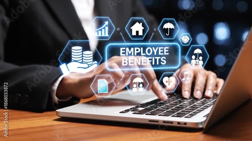 A professional interacting with a laptop displaying employee benefits concepts such as health finance and security visualized with modern icons