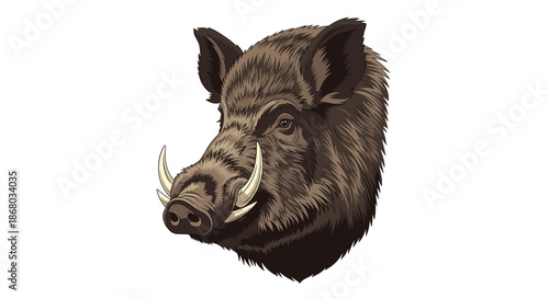 Powerful close-up illustration of a wild boar's head, showcasing its rugged brown fur and formidable tusks on a stark white background.
