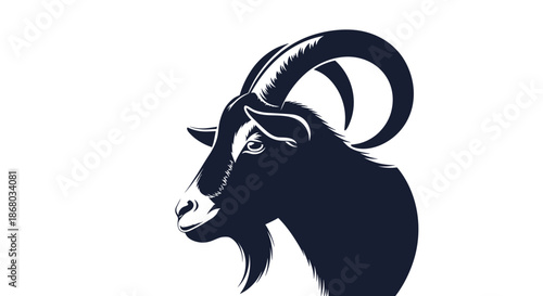 Stylized dark silhouette of a goat's head and shoulders with large curved horns and a beard, in profile against a white background.