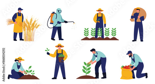 A collection of illustrations showing farmers involved in various agricultural activities, including planting, spraying, harvesting, and carrying crops.