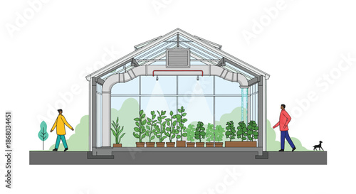 Detailed cross-section illustration of a modern greenhouse featuring plants, ventilation, and irrigation systems, with people walking outside.