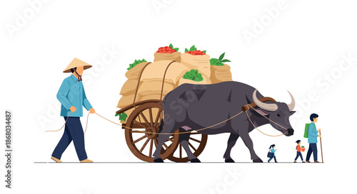 Asian farmer wearing a traditional conical hat leads a water buffalo pulling a wooden cart filled with harvest sacks alongside his family.