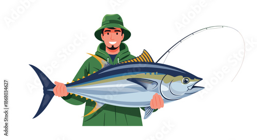 A happy male angler proudly holding up a large yellowfin tuna fish he caught while sport fishing, with his fishing rod visible.