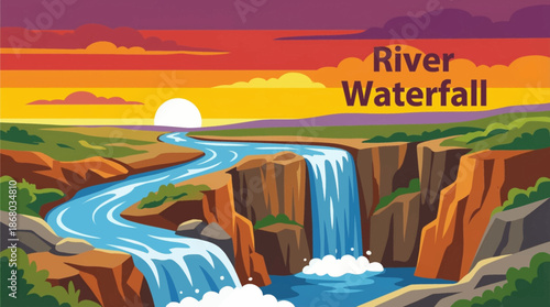 river waterfall cuts through an open valley, combining horizontal flow with vertical drop and shaping the surrounding terrain over time