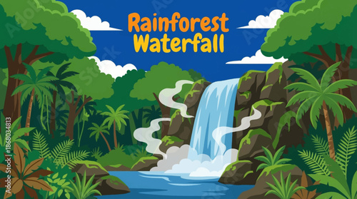 rainforest waterfall drops through thick vegetation cartoon, emphasizing layered foliage, moisture rich air, and dense tropical biodiversity