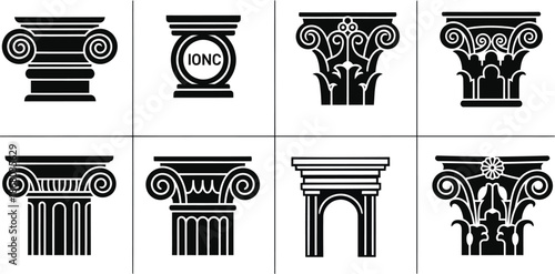 Collection of Ionic and Corinthian Column Capitals and Archways vector