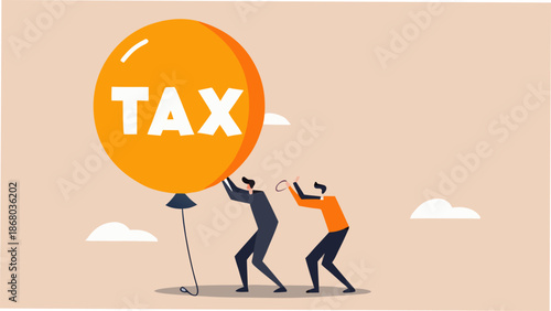 Two businessmen struggling with large tax balloon
