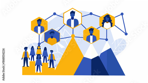 Professional network connections with people on mountain peaks