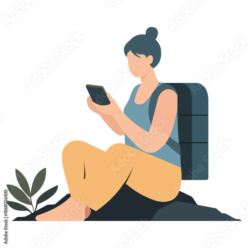 female traveler with backpack sitting on rock using smartphone
