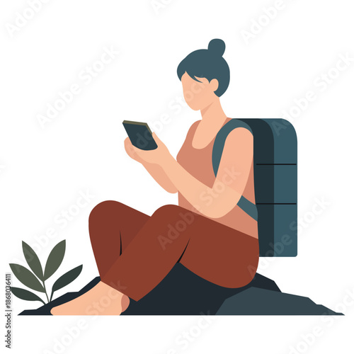 female traveler with backpack sitting on rock using smartphone