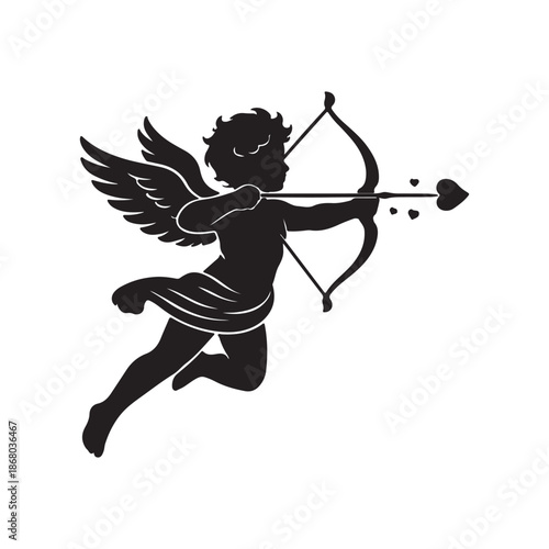 Silhouette of a cupid aiming a bow and arrow with a heart-shaped tip, representing love and romance