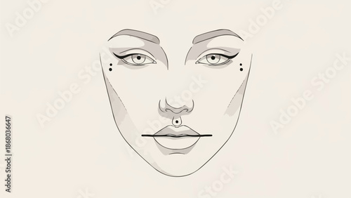 Close up of a stylized female face with bold makeup and piercings.