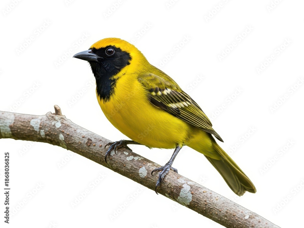Fototapeta premium Yellow and black bird perched on a branch isolated on white background