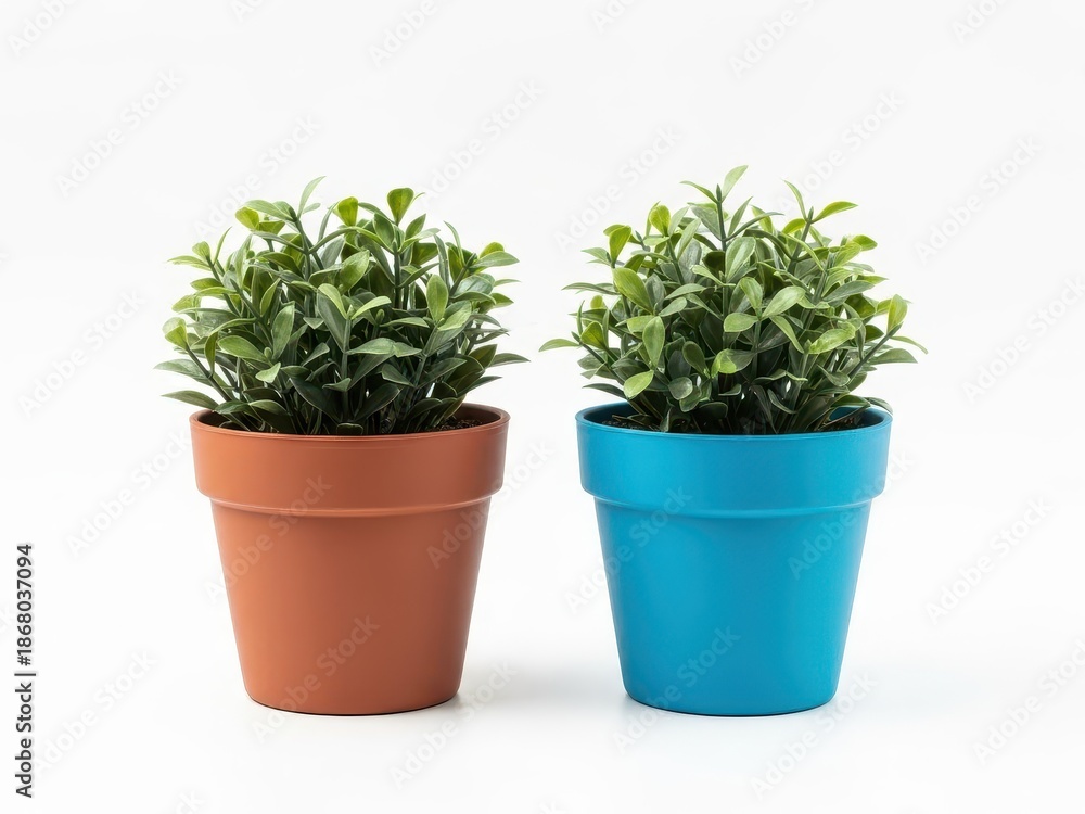 Fototapeta premium Two potted plants with green foliage in colorful pots on white background for home decor and gardening themes