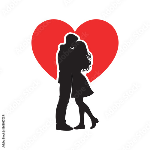 Romantic Couple Silhouetted in Front of a Large Red Heart Symbolizing Love and Affection