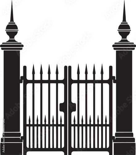Black wrought iron gate with ornate pillars fence white