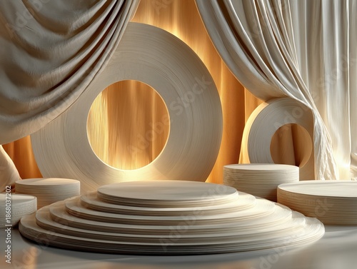 Minimalist Soft Geometric Display with Arch and Ring Decor on Beige Fabric Backdrop