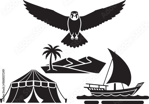 Falcon flying over desert tent and sailboat bird wings spread