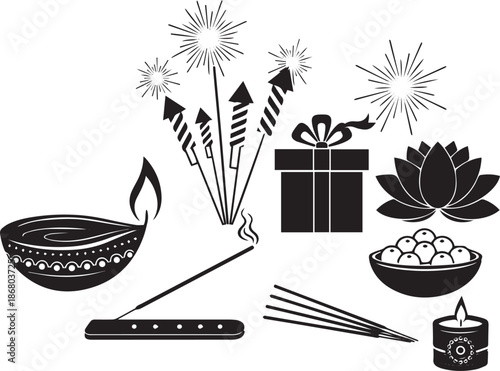 Diwali festival including diya fireworks gift lotus and sweets