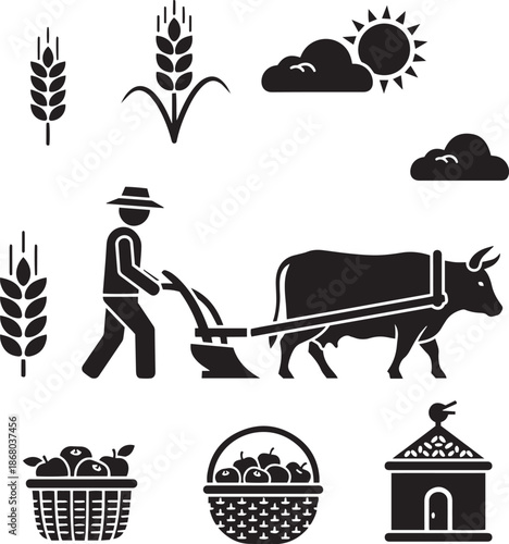 Farmer plowing field with ox and harvest baskets farming