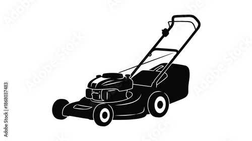 Black and white illustration of a lawn mower in a striking silhouette