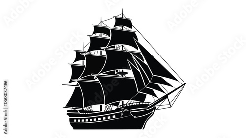Detailed depiction of a majestic sailing ship in black silhouette