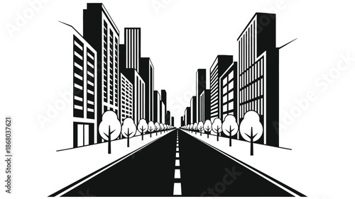 A striking black and white cityscape view down a long avenue silhouette