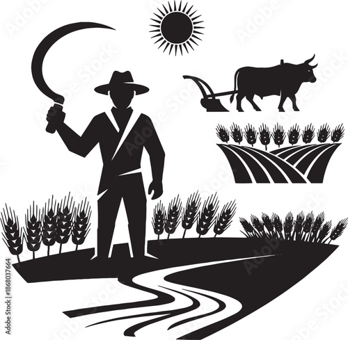 Farmer with sickle and ox plowing field under sun scythe
