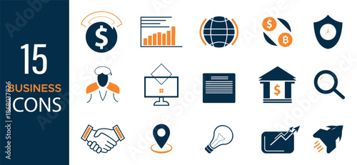 Dynamic business and finance icon set for analytics, global trade, and digital solutions