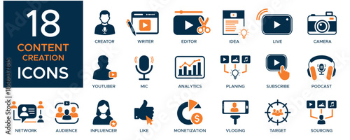 Content creation and digital marketing icon set for creator analytics and monetization