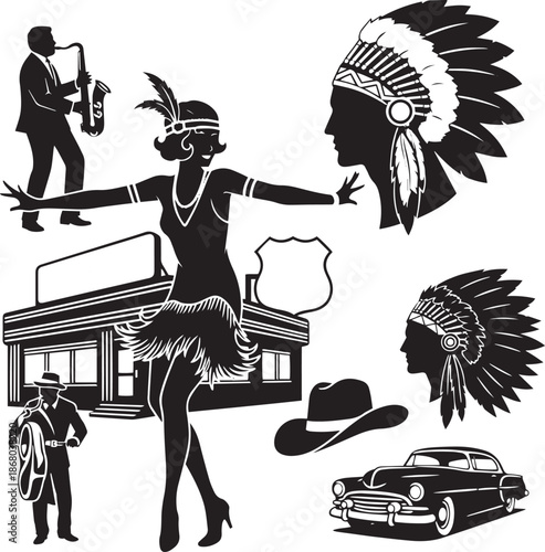 Silhouette collection of vintage and people jazz saxophone