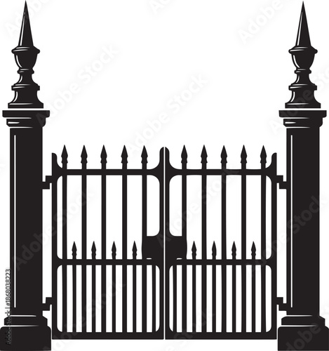 Ornate black metal gate with decorative pillars entrance